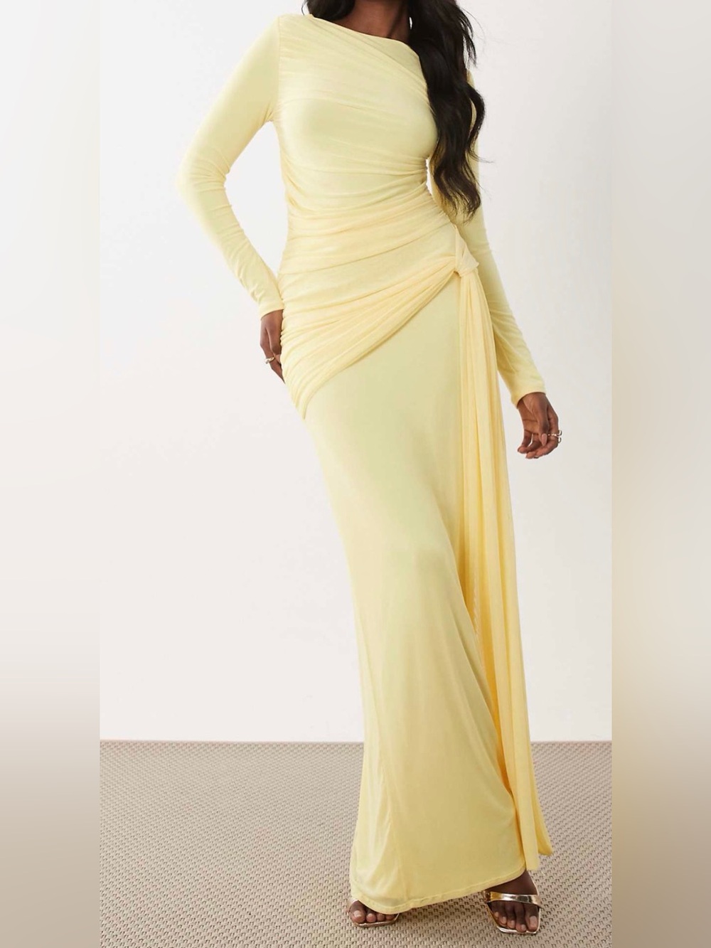 ASOS Pale Yellow Long Sleeve Draped Maxi Dress
